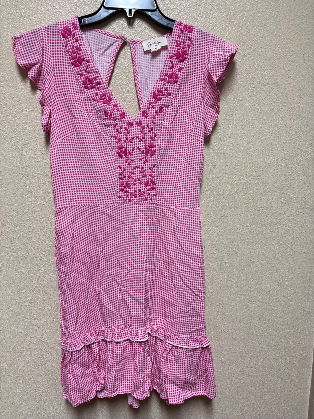 Jessica Simpson Pink Gingham Embroidered V-Neck Casual Dress